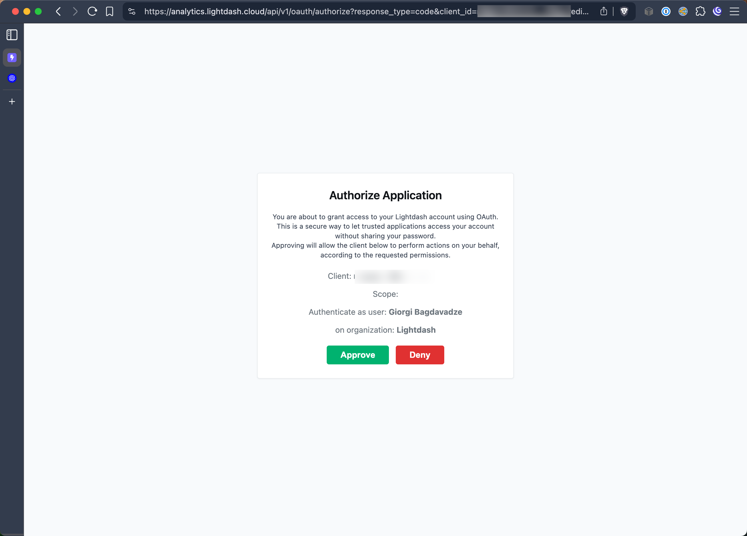 Login and approve through Lightdash